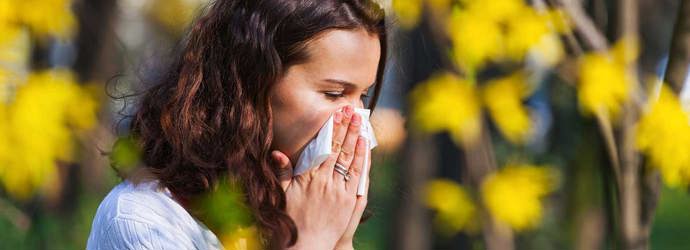 Frau mit Pollenallergie und Erkältung niest im Freien in ein Taschentuch