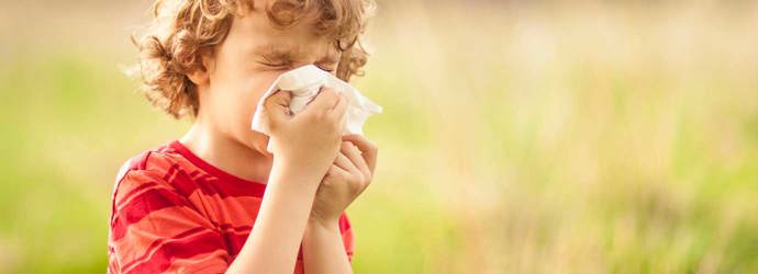 Een jongen met een pollenallergie snuit zijn neus buiten in een veld
